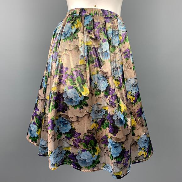 MSGM Size 6 Gold & Purple Floral Polyamide Elastic Waistband A-Line Skirt - Picture 2 of 5